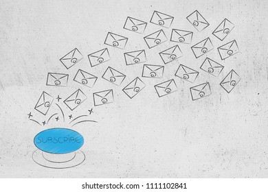 Activate Your Online Success Conceptual Illustration: Subscribe Button With Group Of Emails Flying Out Of It