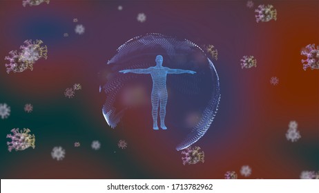 Activation Of Human Immunity. 3d Render Of Viruses Attacking The Human Body Which Is Protected By Strong Immune System.