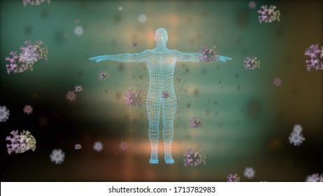 Activation Of Human Immunity. 3d Render Of Viruses Attacking The Human Body Which Is Protected By Strong Immune System.