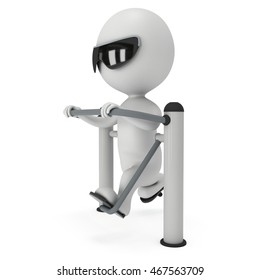 Active 3D man exercising on outdoor fitnes trainer machine. Fit sporty man working out at outdoor gym. Sport fitness and healthy lifestyle concept. 3D render isolated on white.