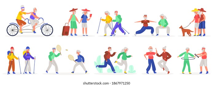 Active elderly couples. Senior elderly couple, healthy sporty grandmother and grandfather, old people dancing and jogging  illustration set. Characters riding bicycle, exercising, walk with pet - Powered by Shutterstock