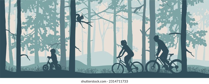 Active family cycling in forest. Mother, father, child, blue silhouette horizontal illustration. Healthy lifestyle outdoor activities. Recreation. Banner.  - Powered by Shutterstock