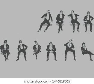 Active Listening & Conversant Men & Women Body Language Silhouette Portrait Sketch Background Pattern Illustration Series