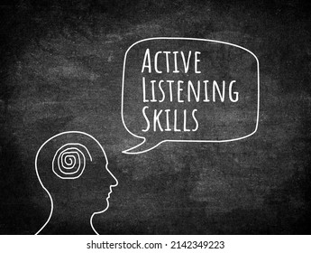 Active Listening Skills Method Concept. Head Figures On The Blackboard.