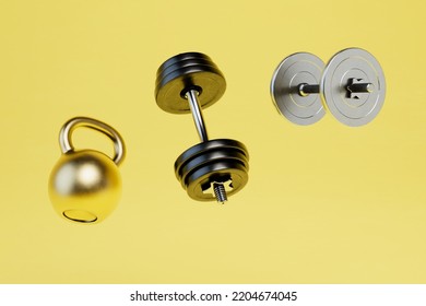 Active Participation In Power Sports. Kettlebells And Dumbbells On A Yellow Background. 3D Render.