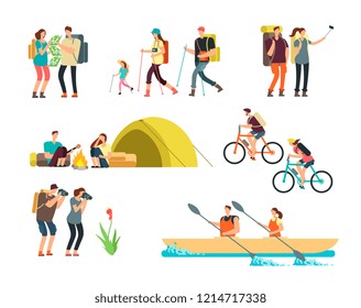 Active people hikers. Cartoon travelling family outdoor. Hiking and trekking tourists characters isolated - Powered by Shutterstock