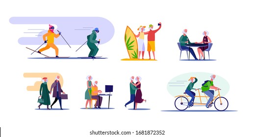 Active senior couple travelling and doing sports. Retired cartoon husband and wife enjoying common interests. illustration for advertising, poster, brochure - Powered by Shutterstock