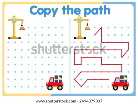  activities for children. Copy the path. Logic games for children. Vector illustration. The book is square format. trucks. cars. ships.