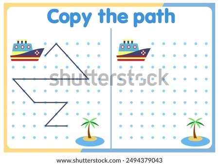  activities for children. Copy the path. Logic games for children. Vector illustration. The book is square format. trucks. cars. ships.