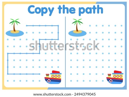  activities for children. Copy the path. Logic games for children. Vector illustration. The book is square format. trucks. cars. ships.