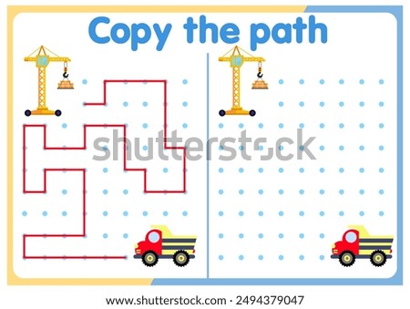  activities for children. Copy the path. Logic games for children. Vector illustration. The book is square format. trucks. cars. ships.