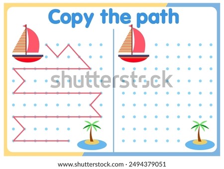  activities for children. Copy the path. Logic games for children. Vector illustration. The book is square format. trucks. cars. ships.