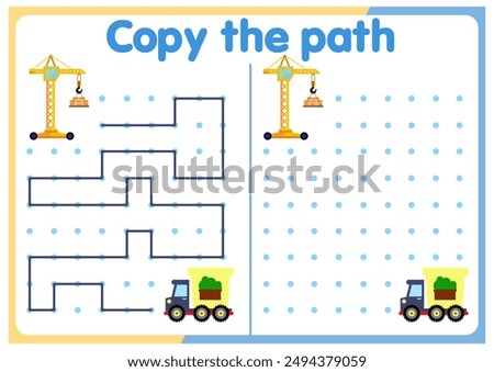  activities for children. Copy the path. Logic games for children. Vector illustration. The book is square format. trucks. cars. ships.