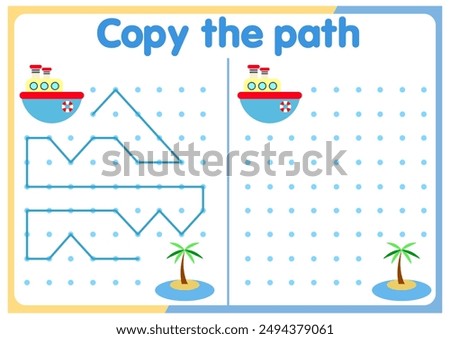  activities for children. Copy the path. Logic games for children. Vector illustration. The book is square format. trucks. cars. ships.