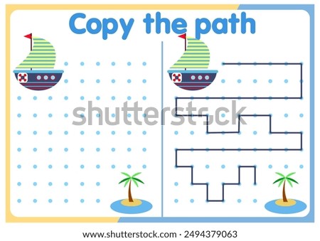  activities for children. Copy the path. Logic games for children. Vector illustration. The book is square format. trucks. cars. ships.