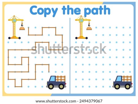  activities for children. Copy the path. Logic games for children. Vector illustration. The book is square format. trucks. cars. ships.