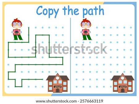 activities for children. Copy the path. Logic games for children. Vector illustration. The book is square format.children, school people	
