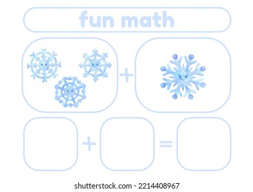 Activity Page, Sheet For Kids. Arithmetic Task With Snowflakes. Winter Game For Teaching A Child To Count. An Exercise For Learning Numbers. A Lesson With Mathematical Examples For A Preschooler.