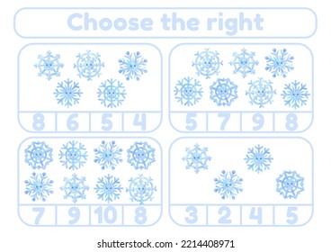 Activity Page, Sheet For Kids. Arithmetic Task At The Expense Of Snowflakes. Winter Game For Teaching A Child. An Exercise For Learning Numbers. An Account Lesson For A Preschooler. Children's Math