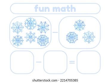 Activity Page, Sheet For Kids. Arithmetic Task With Snowflakes. Winter Game For Teaching A Child To Count. An Exercise For Learning Numbers. A Lesson With Mathematical Examples For A Preschooler.