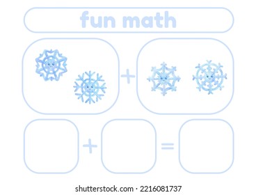 Activity Page, Sheet For Kids. Arithmetic Task With Snowflakes. Winter Game For Teaching A Child To Count. An Exercise For Learning Numbers. A Lesson With Mathematical Examples For A Preschooler.