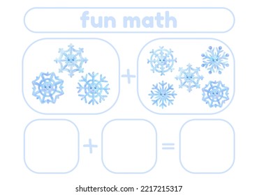 Activity Page, Sheet For Kids. Arithmetic Task With Snowflakes. Winter Game For Teaching A Child To Count. An Exercise For Learning Numbers. A Lesson With Mathematical Examples For A Preschooler.