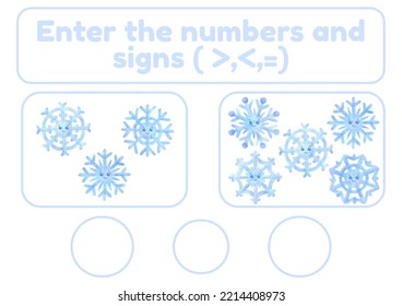 Activity Page, Sheet For Kids. A Mathematical Task For Comparing Numbers. Winter Game For Teaching A Child. Exercise With A Snowflake Pattern. Counting Lesson For Preschooler More, Less, Equal