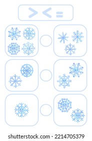 Activity Page, Sheet For Kids. A Mathematical Task For Comparing Numbers. Winter Game For Teaching A Child. Exercise With A Snowflake Pattern. Counting Lesson For Preschooler More, Less, Equal