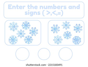 Activity Page, Sheet For Kids. A Mathematical Task For Comparing Numbers. Winter Game For Teaching A Child. Exercise With A Snowflake Pattern. Counting Lesson For Preschooler More, Less, Equal