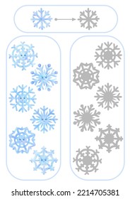 Activity Page, Sheet For Kids. Task Find The Silhouette Of A Snowflake. Winter Puzzle For Preschooler.  A Game For The Development Of A Child's Thinking. Training Exercise