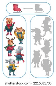 Activity Page, Sheet For Kids. Task Find The Silhouette. A Game For The Development Of A Child's Thinking. A Training Exercise With Forest Animals Skaters.Winter Puzzle For Preschooler