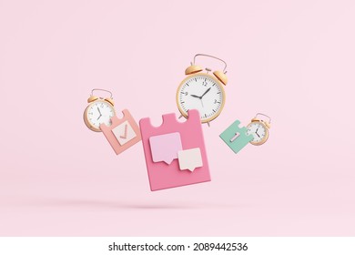 Activity Time Fly Float Timeless Note Paper Calendar Number To Do List Daily Clock Alarm Timetable Work Schedule Mark Tick Object Minimalist Business Education Cute Kids Pink Pastel. 3D Illustration.
