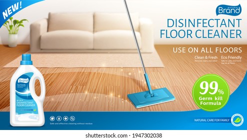 Ad Banner Template Of Bleach Or Floor Cleaner. 3d Illustration Of Realistic Mop Cleaning Indoor Hardwood Floor With Disinfectant Detergent.