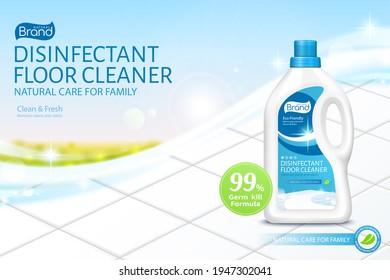 Ad Template Of Floor Cleaner. 3d Bottle Mock Up Set On Shiny White Tile Floor With Blue Sky. Concept Of Bio Natural Care For Home And Family.