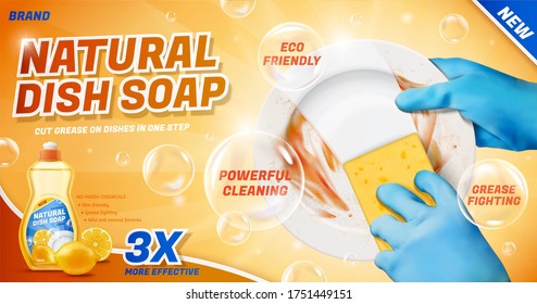 Ad Template For Natural Dish Soap, With Hands In Blue Gloves Using Sponge To Wash Dirty Dish, 3d Illustration