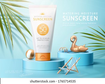 Ad template for summer products, sunscreen tube mock-up displayed on podium with swimming pool and palm leaves, 3d illustration - Shutterstock ID 1765714535