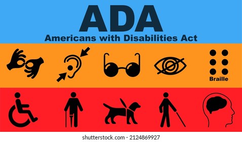 ADA, Americans with Disabilities Act. Concept with keywords, letters and icons. Colored flat vector illustration. 