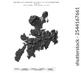 Adak Island in the Bering Sea, belonging to United States, isolated on a bilevel elevation map, with distance scale