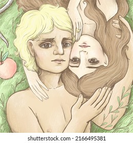 Adam and Eva portrait, Lovely couple illustration