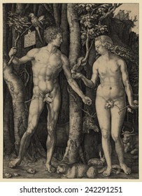 ADAM AND EVE, 1504 engraving by German master, Albrecht Durer. Adam holds a branch from the Tree of Life, while Eve holds a branch from the forbidden Tree of Knowledge.