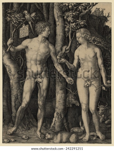 ADAM AND EVE, 1504\
engraving by German master, Albrecht Durer. Adam holds a branch\
from the Tree of Life, while Eve holds a branch from the forbidden\
Tree of Knowledge.