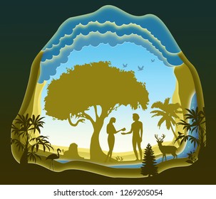 Adam and Eve. Garden of Eden. The Fall of Man. Paper art. Abstract, illustration, minimalism.