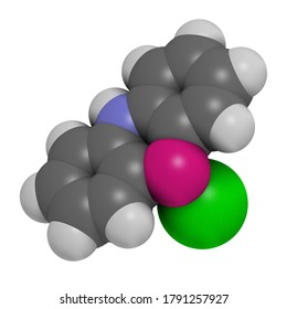 Adamsite Or DM Riot Control Agent. 3D Rendering. Atoms Are Represented As Spheres With Conventional Color Coding: Hydrogen (white), Carbon (grey), Nitrogen (blue), Chlorine (green), Arsenic (magenta).