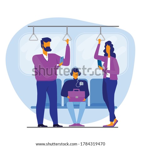 Addicted people using gadgets while standing in subway during ride in city illustration