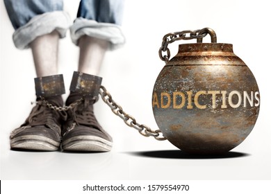 Addictions can be a big weight and a burden with negative influence - Addictions role and impact symbolized by a heavy prisoner's weight attached to a person, 3d illustration