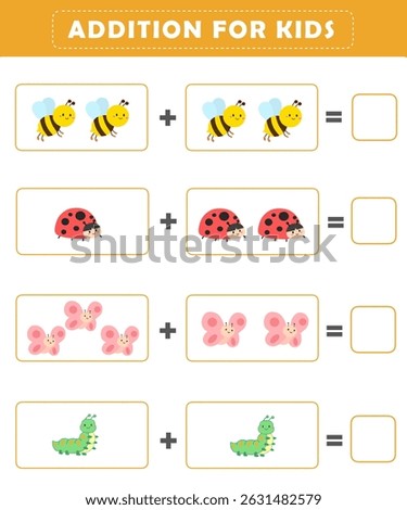 Addition for Kids. Fun Math Logic Puzzles for Kids. Math Game with Cute Insects illustration. Math Activities for Children.