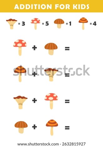 Addition for Kids. Fun Math Logic Puzzles for Kids. Math Game with Cute Mushroom Illustration. Math Activities for Children.
