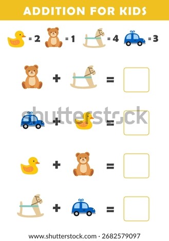 Addition for Kids. Fun Math Logic Puzzles for Kids. Math Game with Cute Toys Illustration. Math Activities for Children.