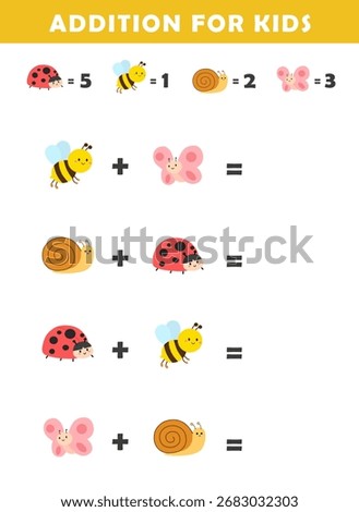 Addition for Kids. Fun Math Logic Puzzles for Kids. Math Game with Cute Insects Illustration. Math Activities for Children.