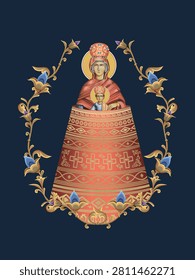 Addition of the Mind. The Blessed Virgin Mary and Jesus Christ. Decorative vintage floral illustration in Byzantine style